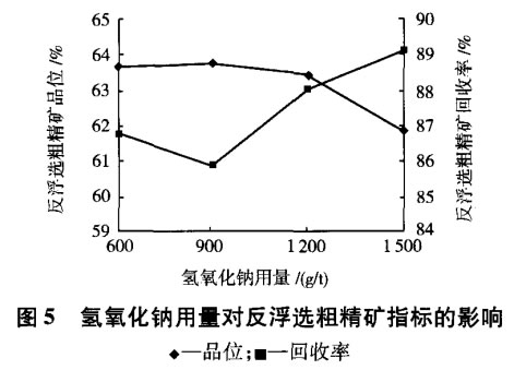 氢氧化钠用量对反浮选粗精矿指标的影响